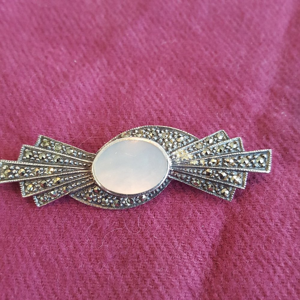 Vintage MOTHER OF PEARL MARCASITE BROOCH 925 STERLING SILVER
